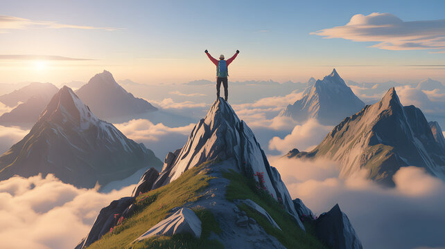 Hiker Celebrating on Mountain Peak Above Clouds image - Powered by Adobe