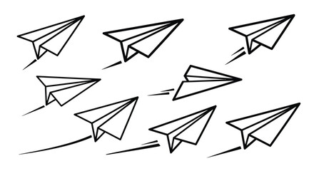 A collection of hand drawn paper airplanes in a simple black and white style
