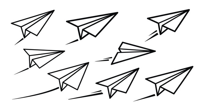 A collection of hand drawn paper airplanes in a simple black and white style