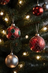 Festive ornaments hanging on a Christmas tree, reflecting the twinkling lights.