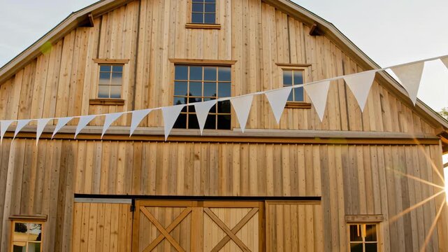 Reclaimed wood architecture. Rustic Wooden Barn with Triangular Banner and Roof Serene Countryside Setting, Evoking Peaceful Atmosphere