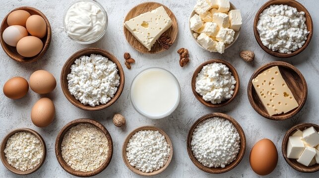 Dairy, eggs, grains overhead flatlay, kitchen table, food blog