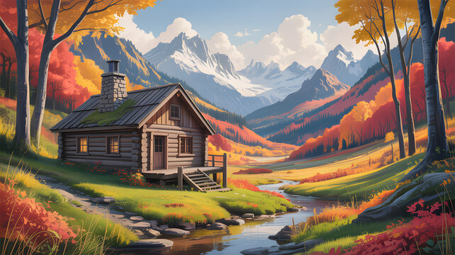 Idyllic Log Cabin by a Mountain River in Autumn house - Powered by Adobe