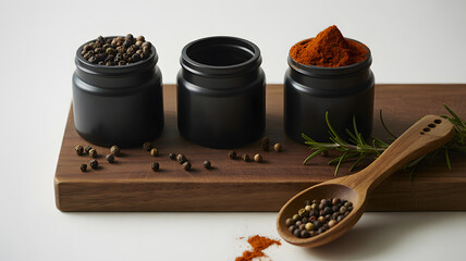 Jars of spices and wooden spoon on a cutting board