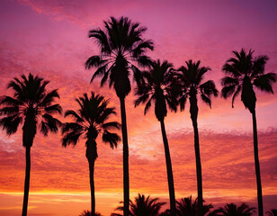 Obraz premium palm tree silhouette at sunset. Silhouette of palm trees at tropical sunrise or sunset