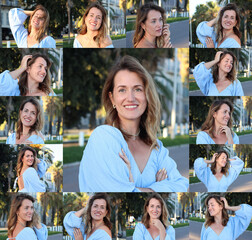 Ideas for posing during photo shoot. Portraits of woman outdoors, collage