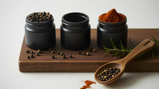 Jars of spices and wooden spoon on a cutting board