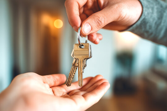 Retrato simb&oacute;lico que evoca mercado inmobiliario, confianza y nuevos comienzos en entorno urbano c&aacute;lido y moderno.Dos manos intercambian llaves frente a edificio moderno con luz c&aacute;lida.