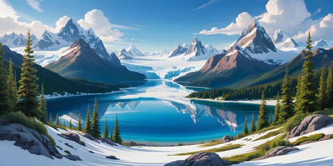 Majestic glacial lake surrounded by snow-capped mountains and pine forests