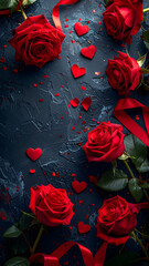 red rose petals and hearts confetti on dark stone background, happy valentines day backdrop with copy space