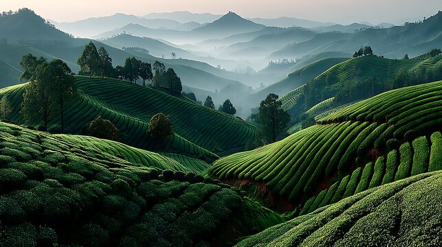 Green mountain tea fields under morning light high resolution picture