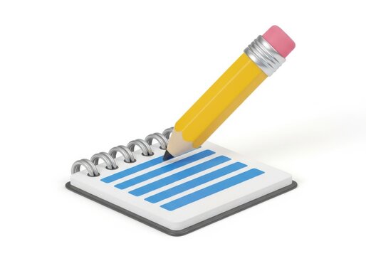 A yellow pencil writing on notebook on white background isolated on white background