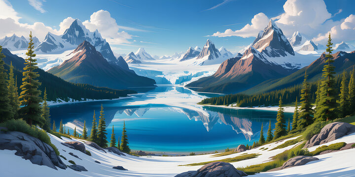 Majestic glacial lake surrounded by snow-capped mountains and pine forests - Powered by Adobe
