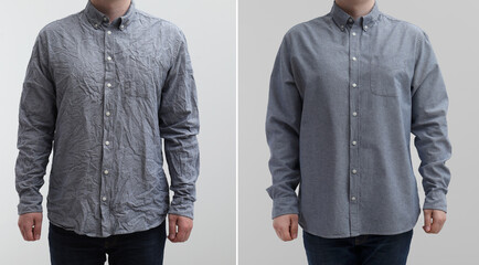 Man in shirt before and after ironing, closeup. Collage on light background
