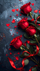red rose petals and hearts confetti on dark stone background, happy valentines day backdrop with copy space