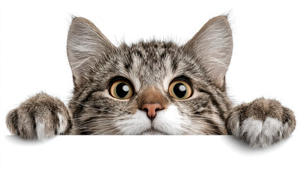 wide-eyed tabby kitten peers over a white edge with its paws raised, exuding curiosity, innocence, and playful charm