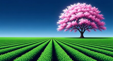 Vibrant pink blooming tree stands tall in a lush green field under a clear blue sky