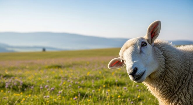 Close-up portrait of a curious sheep in a sunlit wildflower meadow