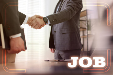 Job search. Recruiter and candidate shaking hands in office, closeup