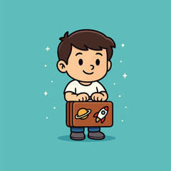 Boy with Suitcase Illustration: An enchanting illustration of a young boy, brimming with curiosity, proudly holding a suitcase adorned with playful space-themed stickers.