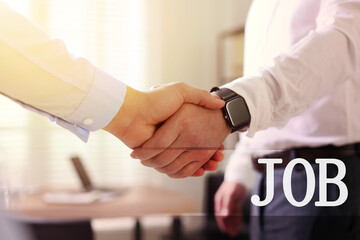 Job search. Recruiter and candidate shaking hands in office, closeup