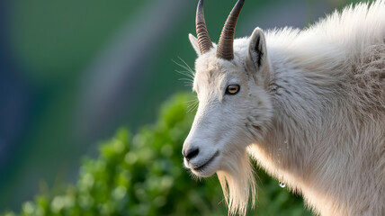 Mountain Goat Head Profile With Green Blurry Background