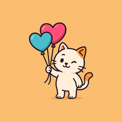 Cat's heartfelt balloons : An adorable illustrated cat holds aloft heart-shaped balloons, expressing warmth and affection in this sweet and charming design.