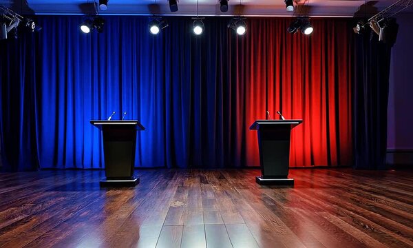 Debate Stage with Red and Blue Curtains and Two Podiums lectern microphones 4K UHD Stock Video Footage