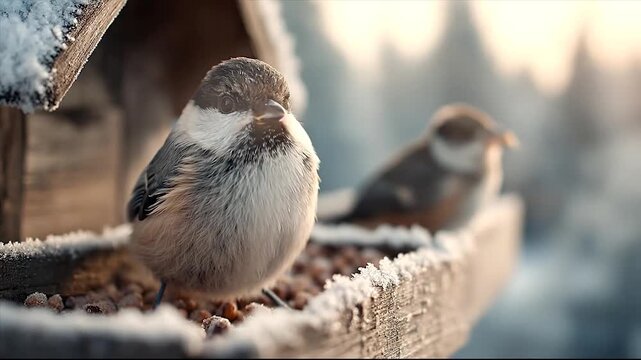 Winter Birds Feeding CloseUp of Chickadee at Bird Feeder.