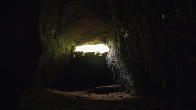 Interior of Old Cave House with Stone Wall
