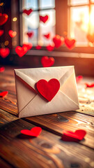 envelope with heart on the wooden background, happy valentines day