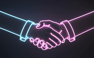 Neon Outline Of Two Hands Shaking On Dark Background