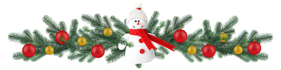 Christmas decoration with fir tree branches, toy snowman and balls isolated on white