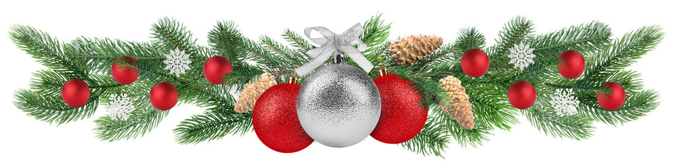 Christmas decoration with fir tree branches, balls and snowflakes isolated on white