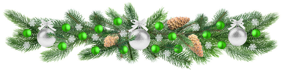 Christmas garland of fir tree branches, balls and snowflakes isolated on white