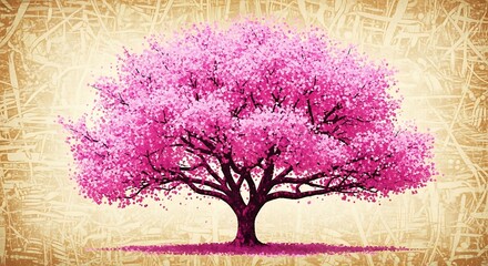 Vibrant pink cherry blossom tree with textured background
