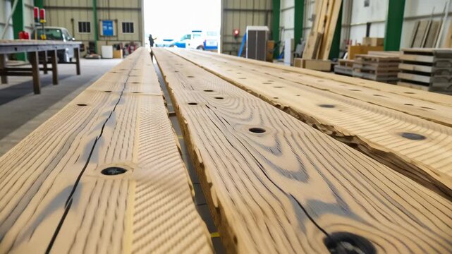 Reclaimed wood architecture. Smooth Wooden Planks and Timber in Workshop Showcasing Natural Grain Patterns, Texture, and Carpentry Atmosphere