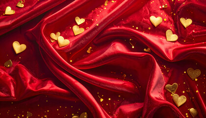 red textile background with golden hearts confetti, happy valentines day backdrop