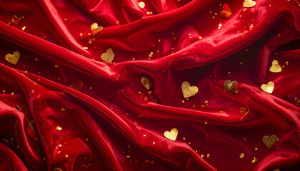red textile background with golden hearts confetti, happy valentines day backdrop