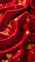 red textile background with golden hearts confetti, happy valentines day backdrop