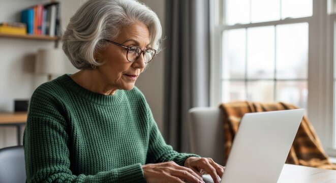 Senior woman using laptop at home, remote work and digital literacy
