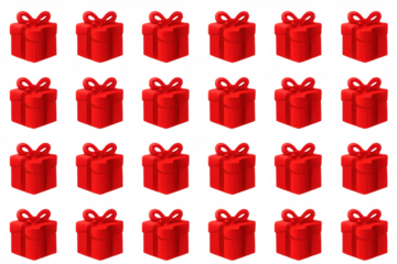Repeating red gift boxes with ribbons as a seamless pattern for holiday celebrations and special occasions on transparent background