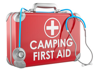 Camping First Aid Kit with stethoscope. 3D rendering