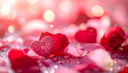 rose petals with hearts on the pink background with glitter and sparkles, happy valentines day backdrop