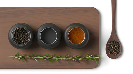 Overhead view of spices in black bowls and wooden spoon