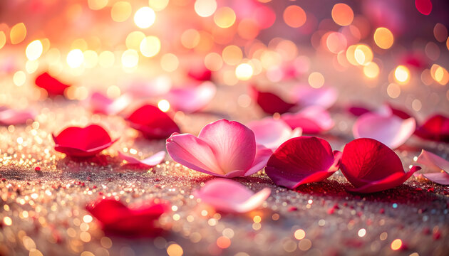 rose petals with hearts on the pink background with glitter and sparkles, happy valentines day backdrop