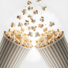 Popcorn overflowing from two striped buckets with falling kernels