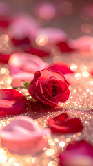 rose petals with hearts on the pink background with glitter and sparkles, happy valentines day backdrop