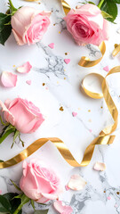 pink rose petals and hearts on the light marble background, happy valentines day celebration