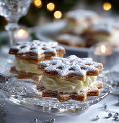 Sternplätzchen mit Vanillecreme und Puderzucker auf Glasplatte, festlich dekoriert